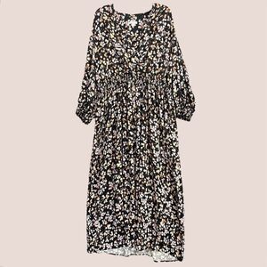 J. Jill Sateen Smocked Wrap Maxi Dress Plus Size 2X Black Ditsy Floral Romantic